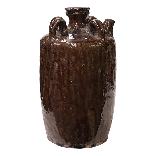 Vintage Earthy Dark Brown Village Rural Pottery Ceramic Pot Vase For Sale