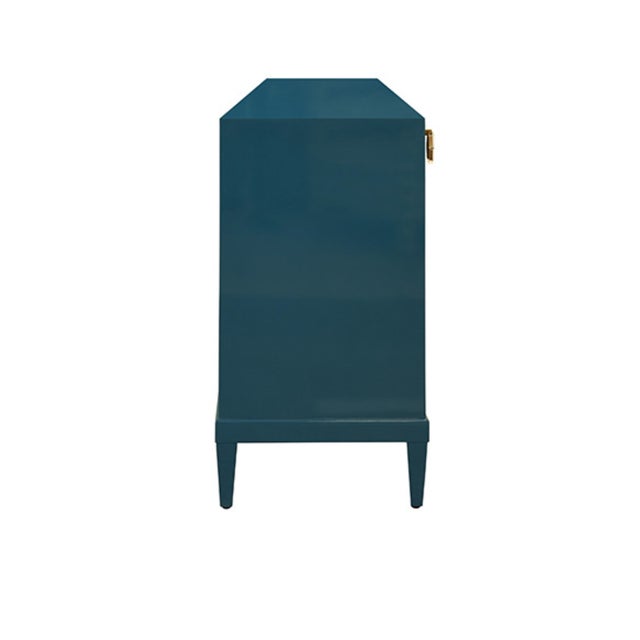 Matthew Izzo Home Marcella Glossy Teal Lacquer Four Door Buffet With Brass Mesh Doors and Acrylic Door Pulls For Sale In New York - Image 6 of 7