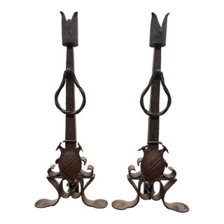 Antique French Medieval-Style Wrought Iron Andirons For Sale