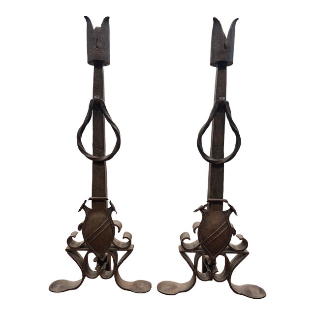 Antique French Medieval-Style Wrought Iron Andirons For Sale