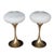 A pair of stunning tulip shaped brass table lamps with art glass opalescent shades with a ribbed, textured pattern....