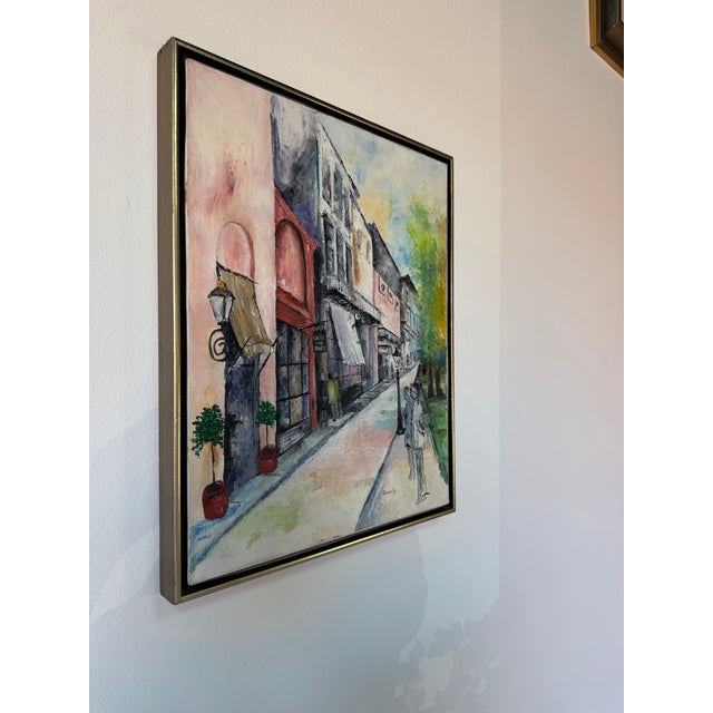 A charming 1980’s oil on canvas painting depicting a romantic Parisian street scene, signed “Beverly” in the lower right...