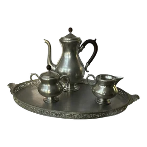 1960s Pewter Royal Holland Coffee Set & Tray Set- 4 Pieces
