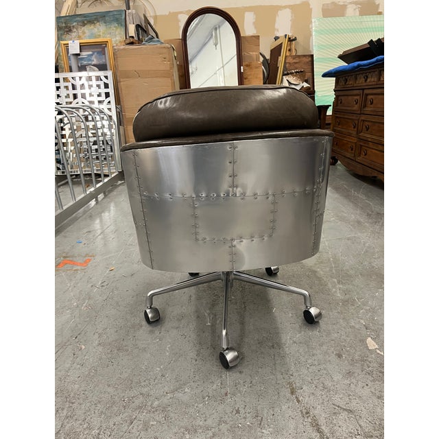 Industrial Restoration Hardware Teen Brown Leather & Aluminum “Aviator” Office Chair For Sale - Image 3 of 10