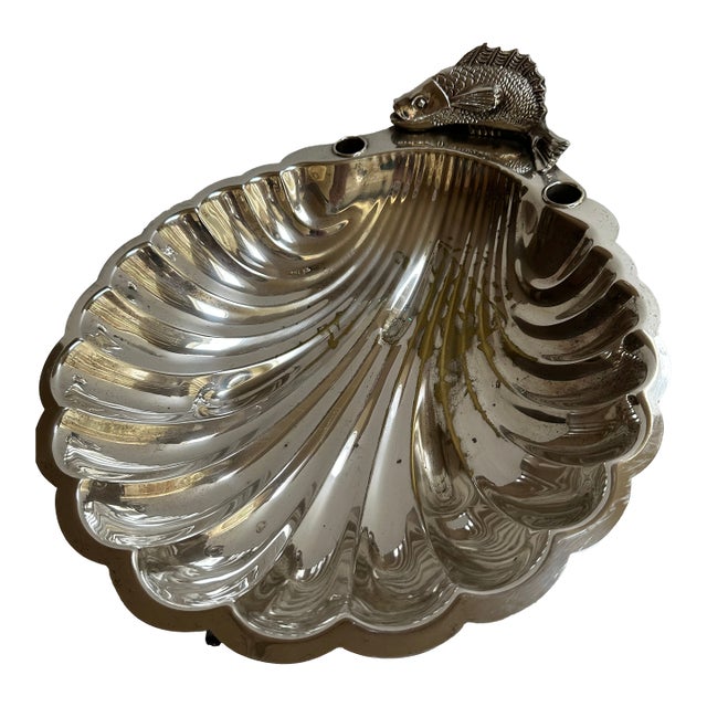 Vintage English Regency Sheffield Mid 20th Century Large 15"x 13" Heavy Silver Plated Clam Shell Serving Dish With Three(3) Hallmarks For Sale