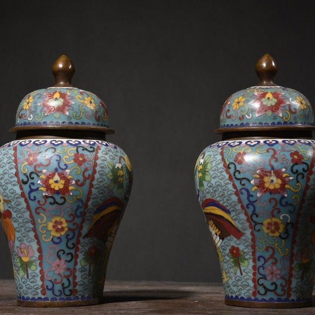 Chinese Pair of Vintage Chinese Cloisonné "Rooster & Flowers" Ginger Jars For Sale - Image 3 of 8