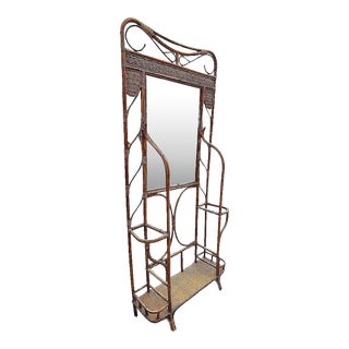 Restored Early 20th Century Aesthetic Movement Bamboo& Grassmat Hall Tree W Mirror & Umbrella Stand For Sale
