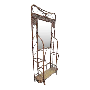 Restored Early 20th Century Aesthetic Movement Bamboo& Grassmat Hall Tree W Mirror & Umbrella Stand