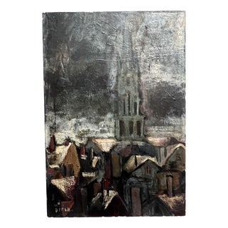 City Scene with Church & Houses at Night, 1920s-1940s, Oil Painting For Sale