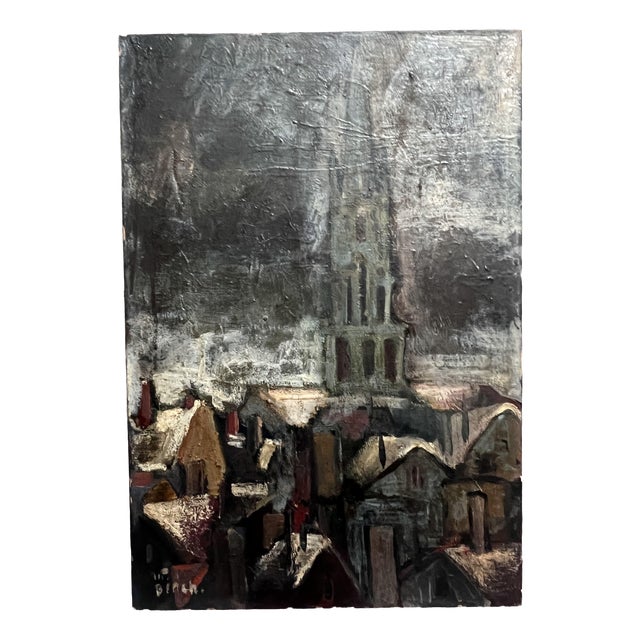 City Scene with Church & Houses at Night, 1920s-1940s, Oil Painting For Sale
