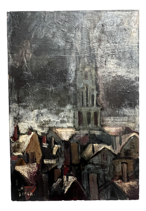 City Scene with Church & Houses at Night, 1920s-1940s, Oil Painting