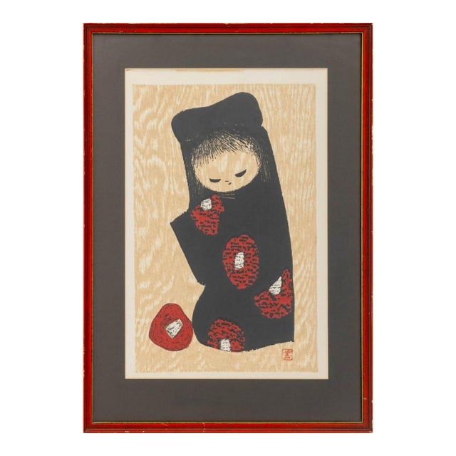 Kaoru Kawano "Girl and Red Camellia" Woodcut For Sale
