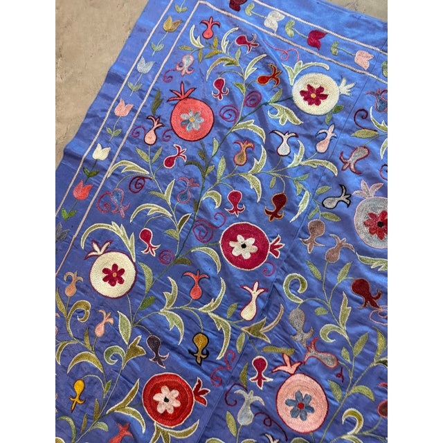 Blue Silk Suzani Wall Hanging With Floral Rosettes For Sale In New York - Image 6 of 10