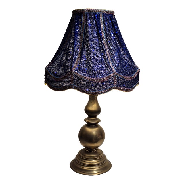 Mid-Century German Table Lamp with Brass Base and Sequined Shade, 1950s For Sale