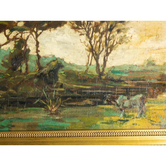 Mello Junior, Cow by River, Portugal, 20th Century, Oil on Wood, Framed For Sale - Image 5 of 7