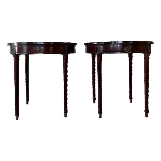 Vintage Round Traditional Side Tables With Brass Sabots in the Manner of Baker For Sale