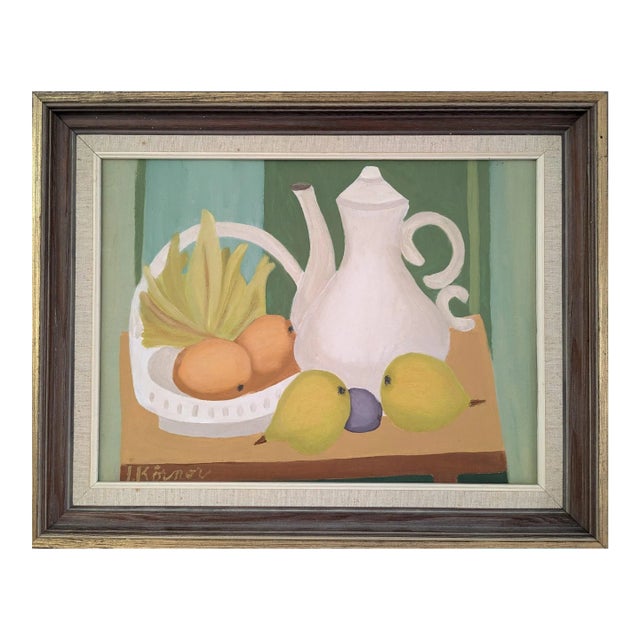Mid-Century Modern 'Teapot and Fruits' Vintage Original Still Life Oil Painting, Framed For Sale