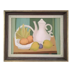 Mid-Century Modern 'Teapot and Fruits' Vintage Original Still Life Oil Painting, Framed