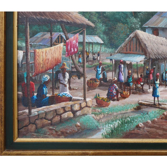 Green Jean-Felix Defournoy Modern Realist Green and Blue-Toned Rural Village Market Landscape Painting, Late 20th Century For Sale - Image 8 of 12