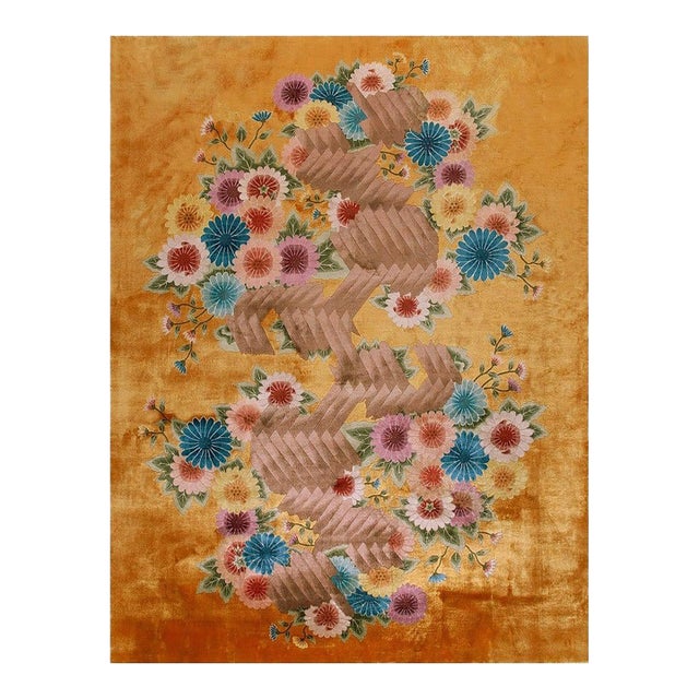 Fantabulous Yellow-Saffron Background With Multicolored Daisies in a Floral Design Art Deco Rug For Sale
