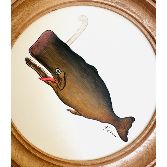 Nautical Original Hand-Painted Baby Whale Painting in a Handpainted Wooden Frame For Sale - Image 3 of 3