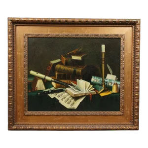 Music & Literature Still Life Oil Painting After William Michael Harnett 41"