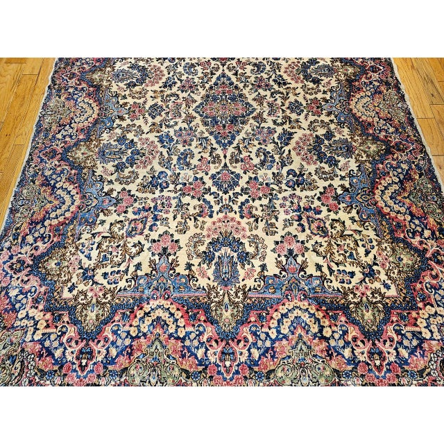 Vintage Persian Kerman Rug, Hand-Knotted Wool, Allover Floral Pattern, Ivory & Blue, 9x12 For Sale - Image 12 of 17