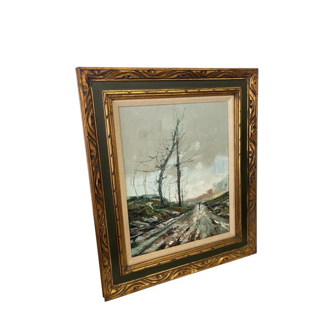 Vintage impressionist likely oil painting on canvas depicting a serene rural scene with a dirt road flanked by tall, bare...