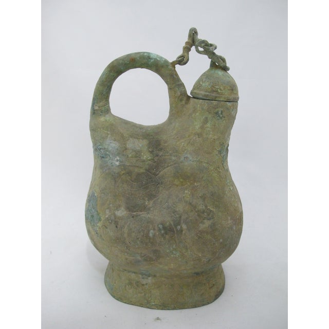 Chinese Bronze Ware Dynasty Kettle Cockscomb Flask With Archaic Horse Design For Sale - Image 13 of 14