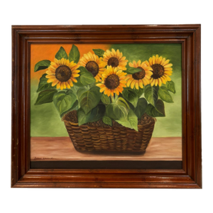 Vintage Still Life Oil Painting of Sunflowers in Basket by Susana Garden 1995