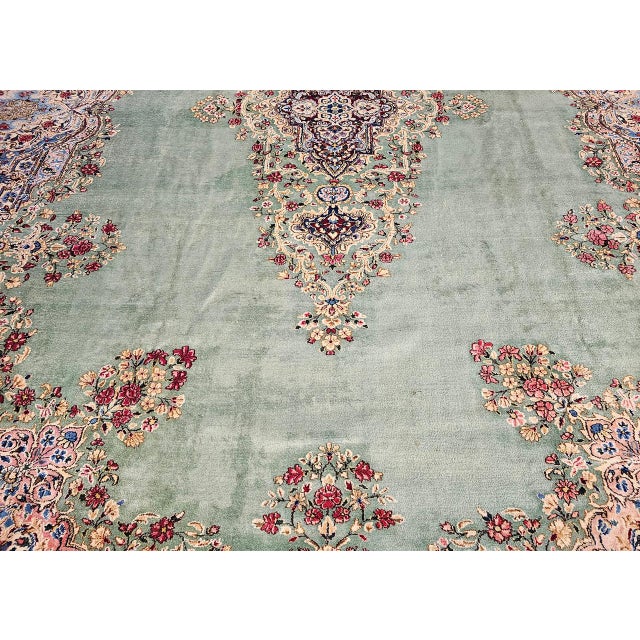 Vintage Oversized Persian Kerman Rug, Hand-Knotted Wool, Floral Pattern, Pale Green & Red, 12x16 For Sale - Image 12 of 15