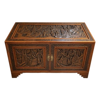 Vintage Asian Carved Wood Cabinet With Scenic Relief Panels & Interior Drawers For Sale