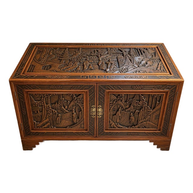Vintage Asian Carved Wood Cabinet With Scenic Relief Panels & Interior Drawers For Sale