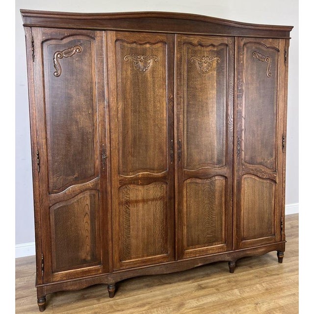 Vintage French Louis XVI Style Carved Oak 4-Door Wardrobe For Sale - Image 4 of 18