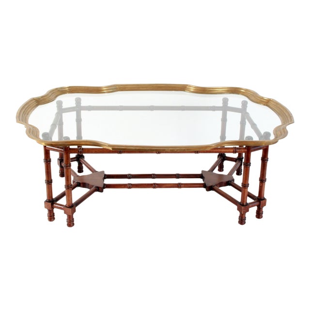 Hollywood Regency Faux Bamboo Scalloped Brass Tray Top Coffee