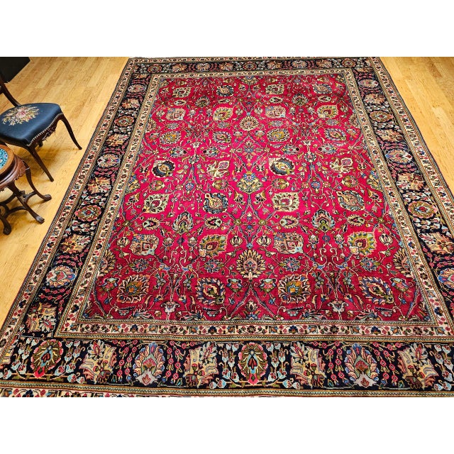 Vintage Persian Tabriz Rug, Hand-Knotted Wool, All Over Geometric Pattern, Red & Navy, 10x13 For Sale In Chicago - Image 6 of 18