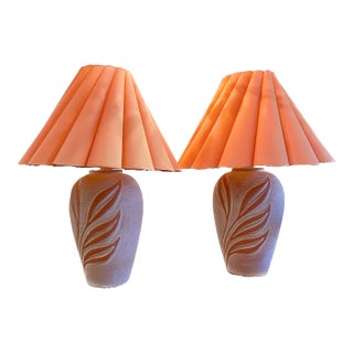Vintage 1980s Oversize Art Nouveau Postmodern Pink Ceramic Floral Table Lamps Pair by Harris Lamps For Sale