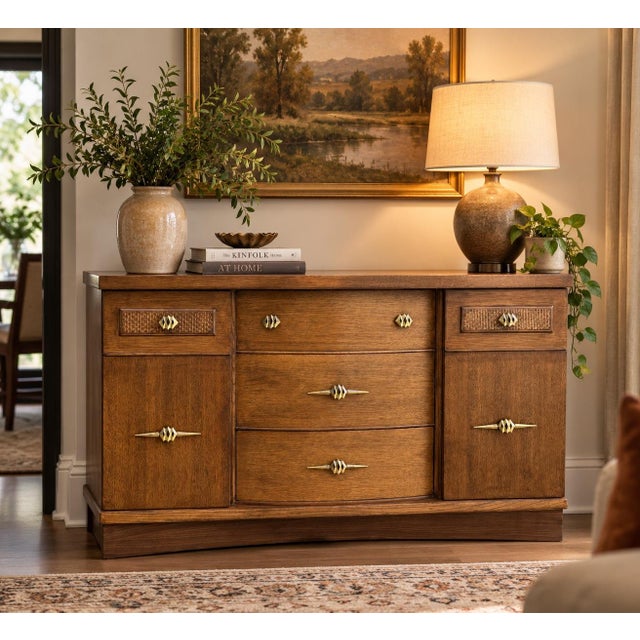 Vintage Stanley Bow-Front Credenza / Sideboard A beautifully restored vintage Stanley credenza featuring a distinctive...