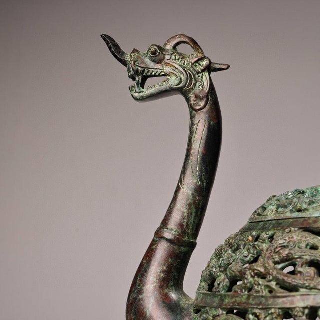 Metal Monumental Vintage Bronze Bird & Beast Incense Burner – Archaic Style Censer With Inscription For Sale - Image 7 of 10