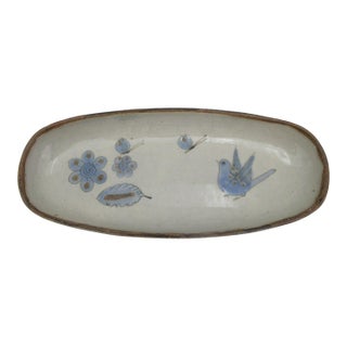 El Palomar Ken Edwards Blue Bird Tonala Mexico Folk Art Pottery Oval Tray Dish For Sale