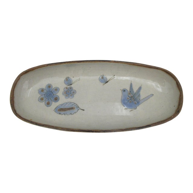 El Palomar Ken Edwards Blue Bird Tonala Mexico Folk Art Pottery Oval Tray Dish For Sale