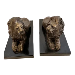 Bookends Having Recumbent Bronze Lions on Belgian Slate Bases -A Pair