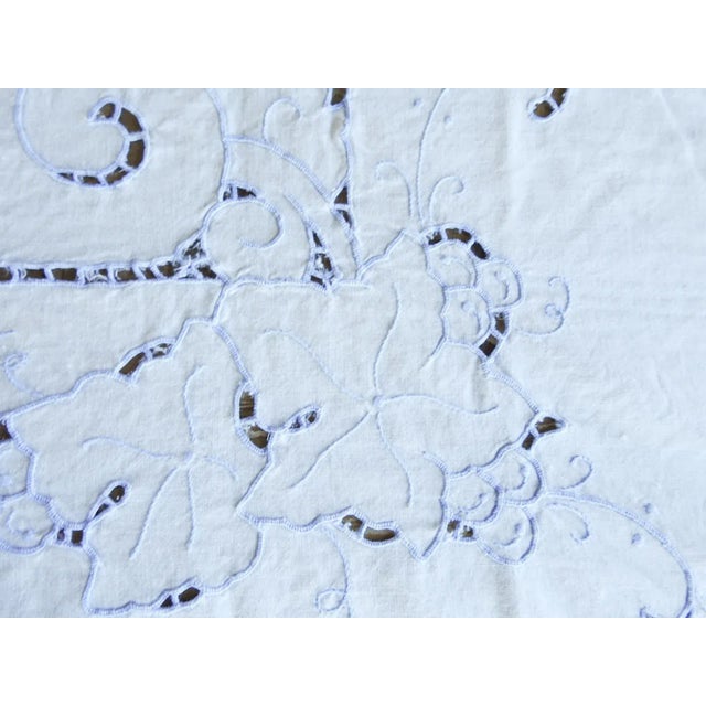 Shabby Chic Vintage White and Blue Cutwork Embroidered Tablecloth and Napkins For Sale - Image 3 of 12