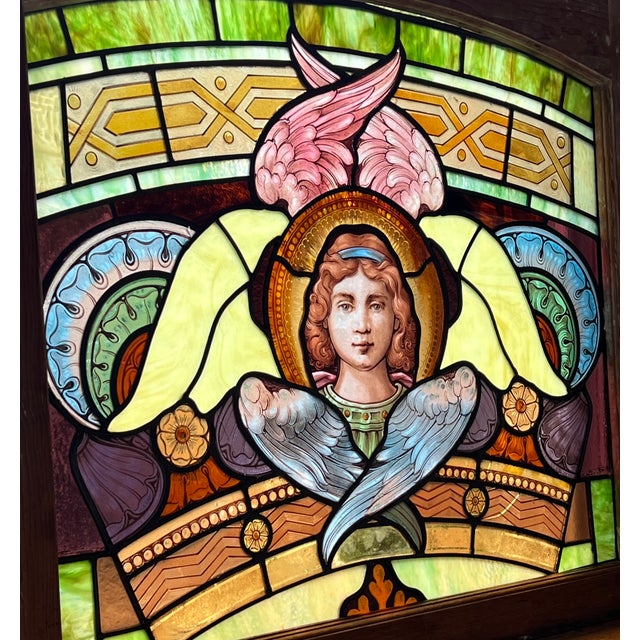 19th Century Stained Glass Window With Painted Angel Portrait in Original Frame For Sale - Image 17 of 17