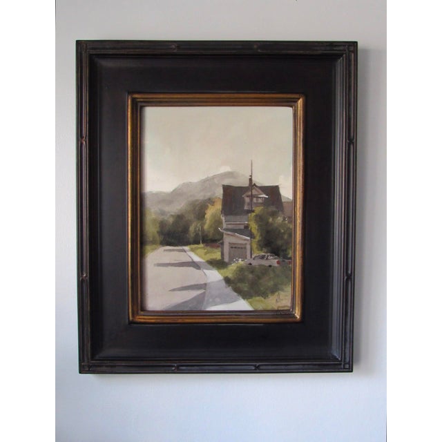 This artwork depicts a serene suburban scene, where a charming house sits at the edge of a quiet road, leading the...