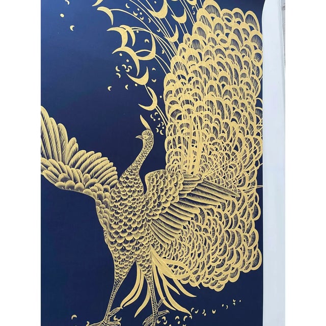 Hand-Painted Chinoiserie Peacock Mural - Navy Blue & Gold Wallpaper for Luxury Entryway, Customizable For Sale - Image 4 of 4