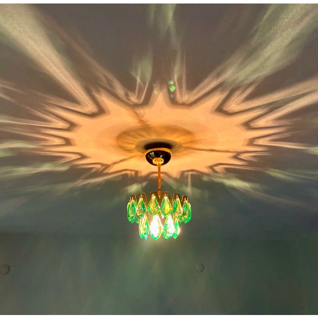 Turquoise 1960s Luxury Mini Brass Chandelier With Turquoise Crystal Drops, Starburst Shadow Ceiling Projection Light, Restored Antique Style Light Fixture For Sale - Image 8 of 18