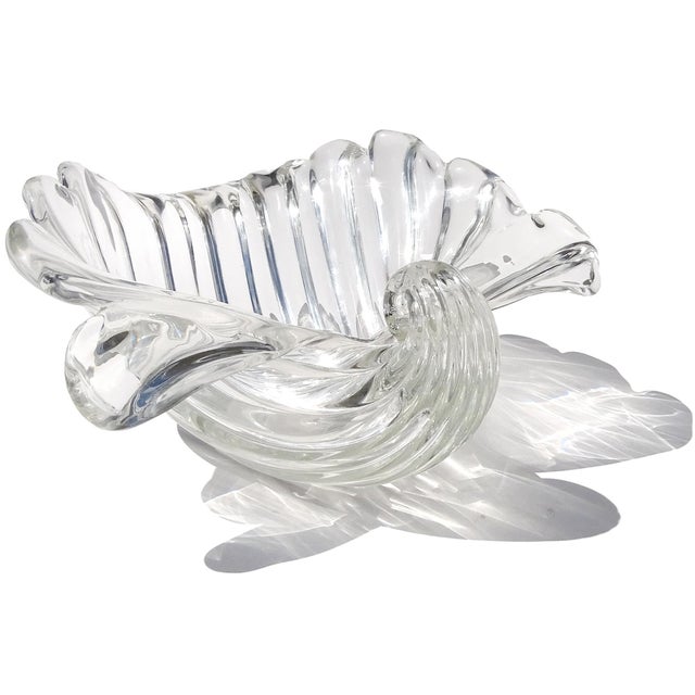 Seguso Cartier Signed Murano Vintage Crystal Clear Ribbed Surface Italian Art Glass Seashell Shell Bowl For Sale - Image 9 of 11