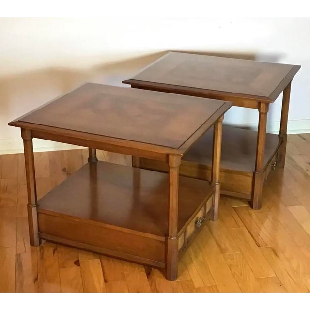 Mid-Century Modern Pair of Hekman Furniture Two Tier Burl Maple Walnut End Tables, Mid-Century Modern For Sale - Image 3 of 11