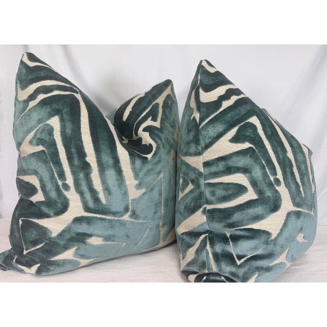 Custom pair of 22" pillows covered in Opuzen Fabrics "ACDC" in color teal. These pillows have tapered corners to prevent...